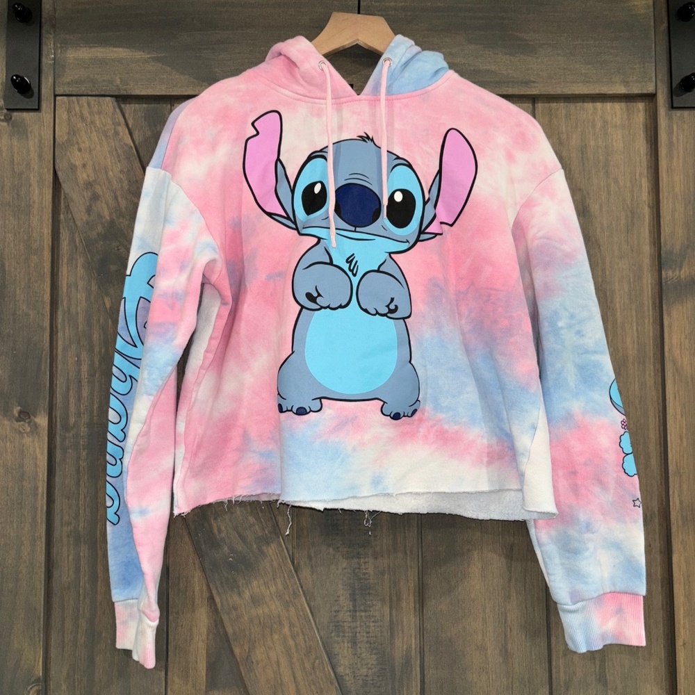 Disney Stitch Ohana Teen tie dye cotton candy colored Large cropped sweatshirt
